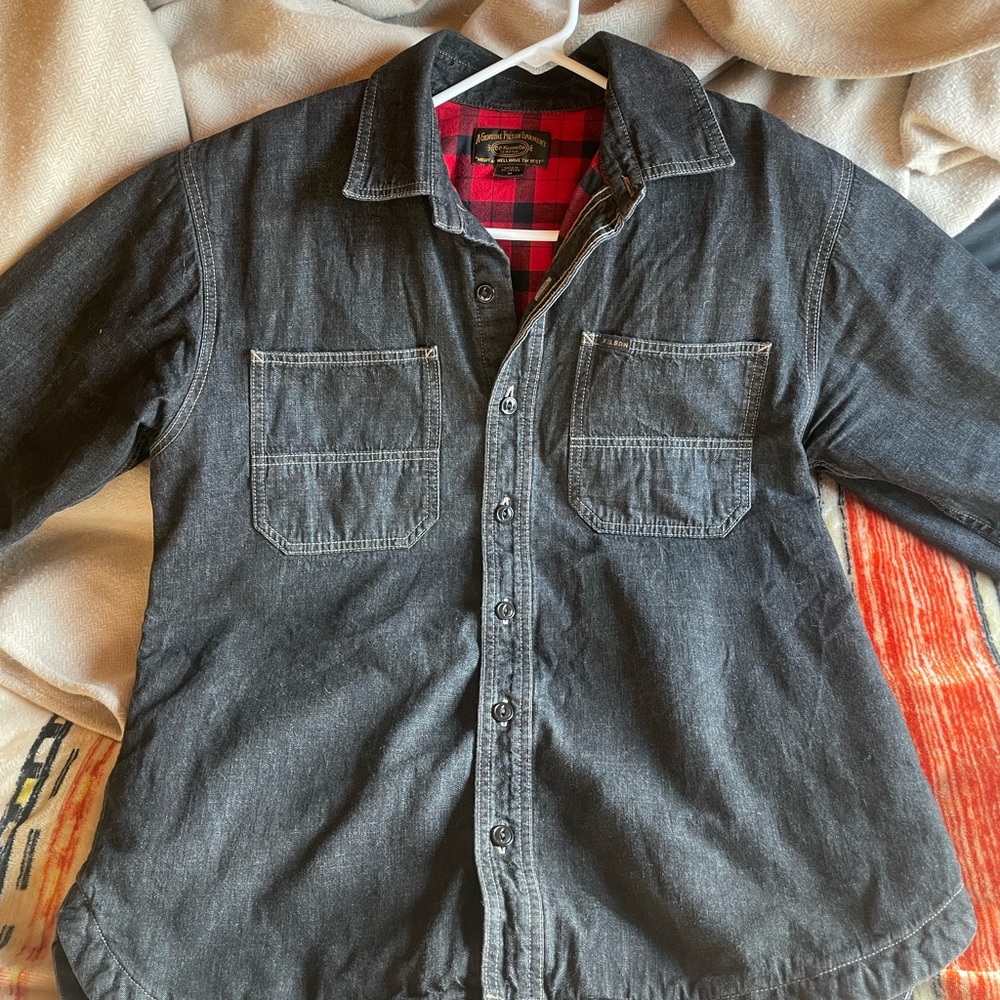 Real denim shirt jacket, plaid inner lining by Folsom